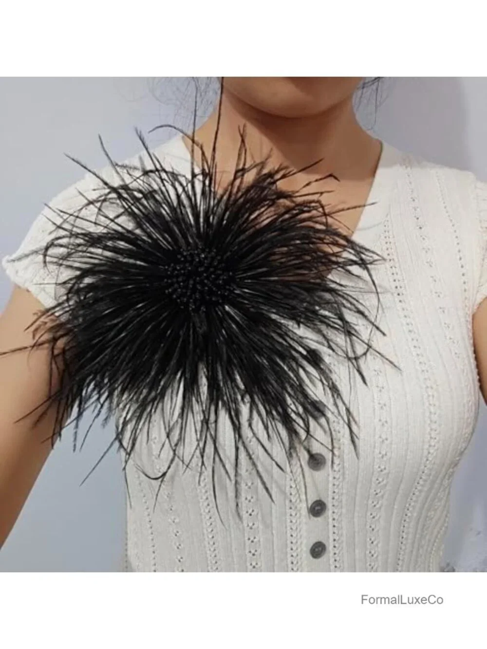 8 inch Large Ostrich Feather Brooch with Austrian Crystal, Dual Hair Clip and